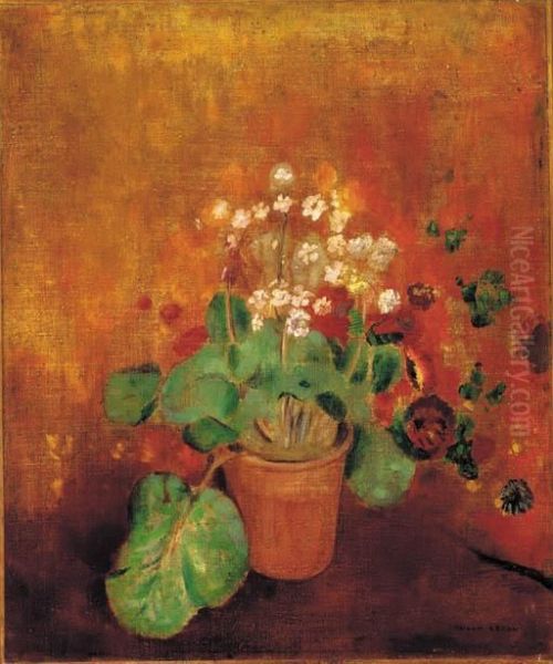 Fleurs En Pot Sur Fond Rouge Oil Painting by Odilon Redon