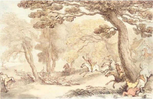 The Kings Buckhounds In Full Cry After A Stag Oil Painting by Thomas Rowlandson