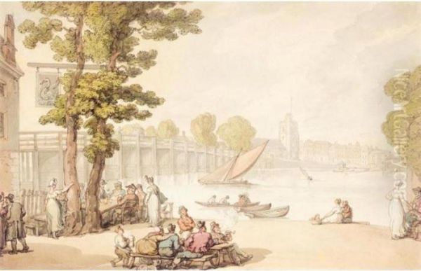 The Garden Of The Swan Inn By Putney Bridge, Fr Watercolour Oil Painting by Thomas Rowlandson