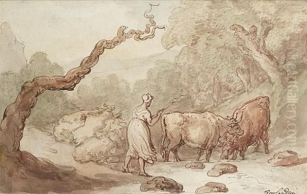 Young Girl Herding Cattle Oil Painting by Thomas Rowlandson