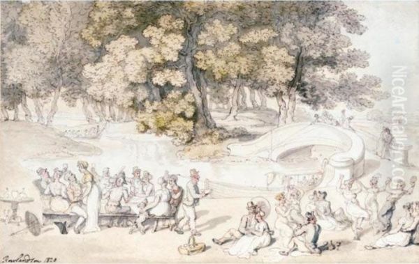 Picnic By An Ornamental Bridge Oil Painting by Thomas Rowlandson