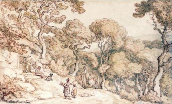 Cottagers Beside A Wooded Road Oil Painting by Thomas Rowlandson