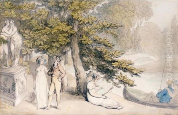 Elegant Company In A Park Oil Painting by Thomas Rowlandson