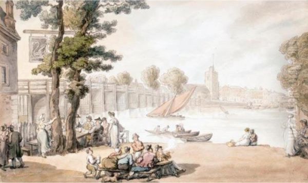 The Old Swan Inn, With A View Of Putney Bridge Beyond Oil Painting by Thomas Rowlandson