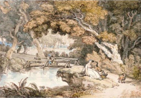 A Wooded Landscape With Lovers By A Stream, A Couple Fishing Oil Painting by Thomas Rowlandson