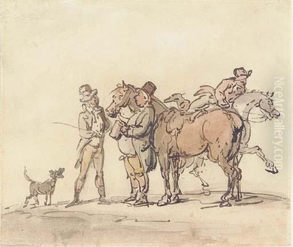 The Horse Dealer (recto); And A Study Of Two Riders (verso) Oil Painting by Thomas Rowlandson