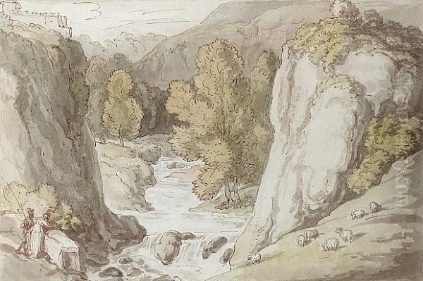 A Fisherman Looking For A Beat On A River Oil Painting by Thomas Rowlandson