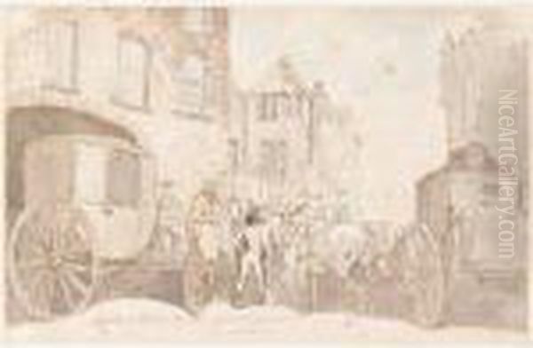 Sir Patrick Bellew's Departure From The Swann Inn, Birmingham Oil Painting by Thomas Rowlandson