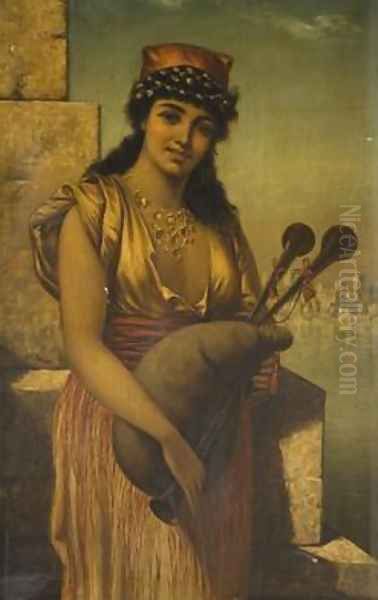 Girl with Bagpipes Oil Painting by Edwin Longsden Long