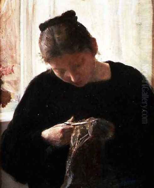 A Woman Sewing Oil Painting by Carl Vilhelm Holsoe