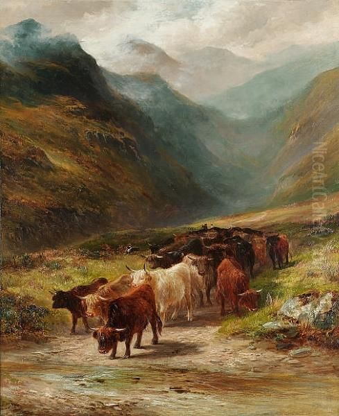 Highland Cattle In Glencoe Oil Painting by George Turner