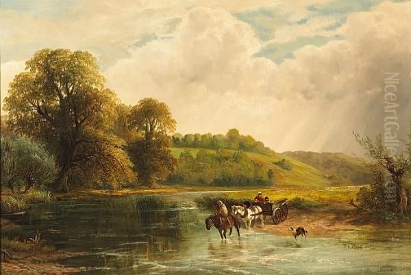 A Landscape With Peasants Fording A River Oil Painting by George Turner