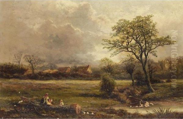 Landscape With Figures By A Stream Oil Painting by George Turner