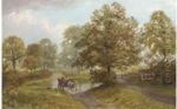 Crossing The Ford Near Ticknall Oil Painting by George Turner