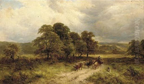 A Drover With Highland Cattle In A Wooded Landscape Oil Painting by George Turner