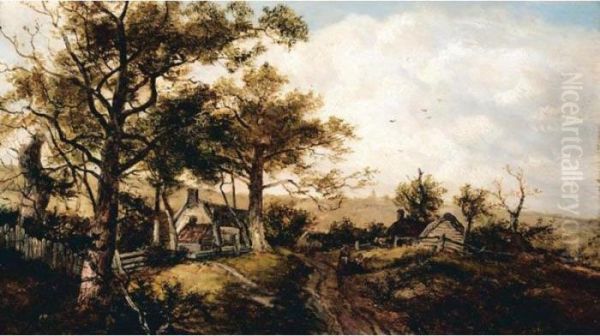 By The River; By The Cottages Oil Painting by George Turner