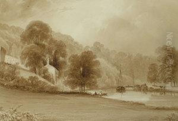 Sunlight Breaking Through Clouds, With Figures Boating On A River Oil Painting by Joseph Mallord William Turner