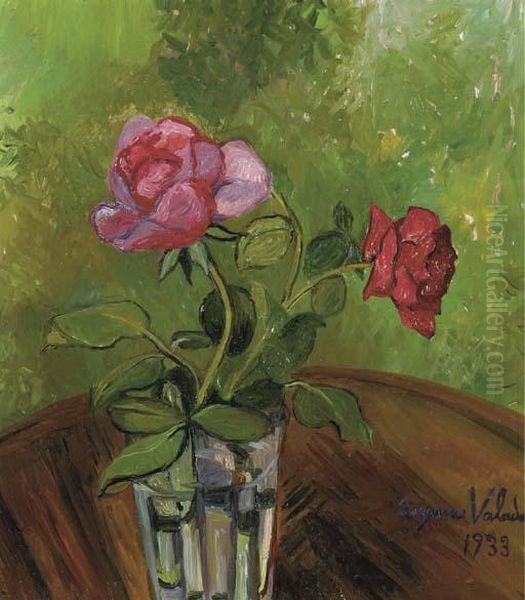 Deux Roses Dans Un Verre Oil Painting by Suzanne Valadon