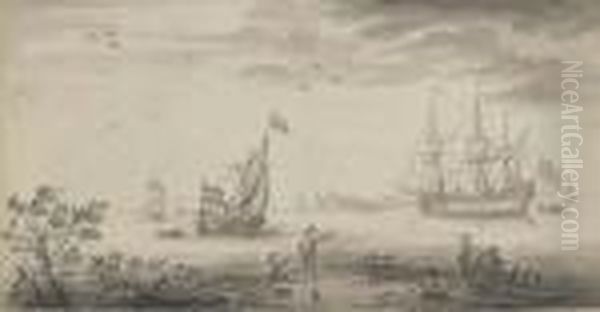 An English Man-o'war And A Dutch Smalschip At The Mouth Of The Estuary Oil Painting by Willem van de, the Elder Velde