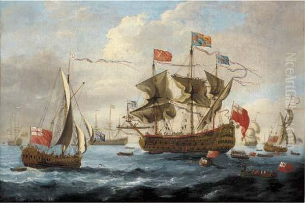 King Charles Ii's Visit To The Fleet At The Nore, 6 Oil Painting by Willem van de, the Elder Velde