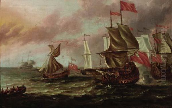 British Men-o'-war In Choppy Waters Oil Painting by Willem van de, the Elder Velde