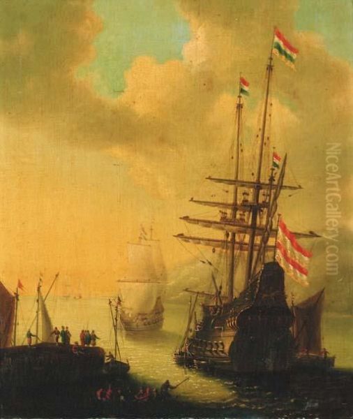 A Dutch Man-o'-war Departing A Harbour Oil Painting by Willem van de, the Elder Velde