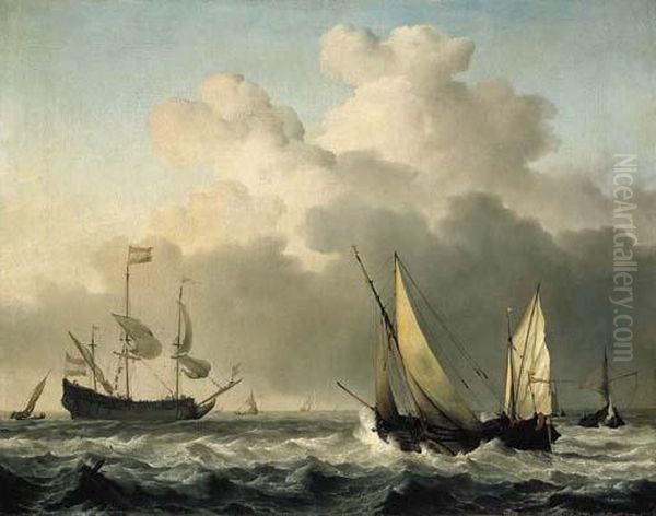 A Wijdschip Close-hauled In A Fresh Breeze, With Other Shipping Oil Painting by Willem van de, the Elder Velde