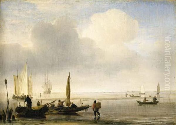 Two Fishing Boats Off A Spit Of Sand In A Calm, With Other Shipping In An Estuary Oil Painting by Willem van de, the Elder Velde