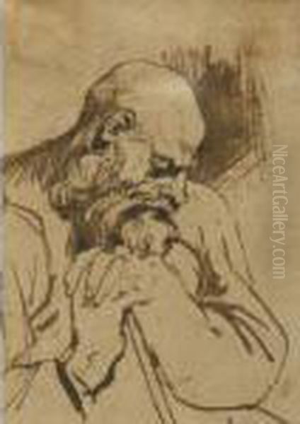 Recto: A Bearded Old Man Leaning On A Stick Oil Painting by Sir Anthony Van Dyck