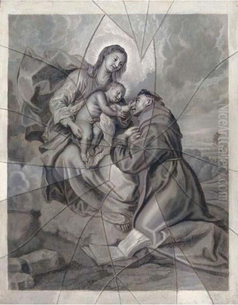 The Vision Of Saint Antony: A Trompe L'oeil Of An Engraving Under Shattered Glass Oil Painting by Sir Anthony Van Dyck