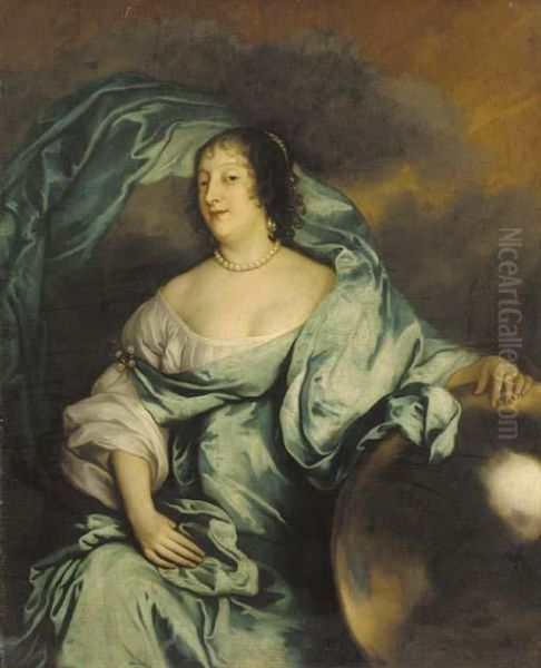 Portrait Of Rachel, Countess Of 
Southampton, As Fortune, Seated Three-quarter-length, In A White Dress 
And Blue Wrap, Her Hand Resting On A Globe Oil Painting by Sir Anthony Van Dyck