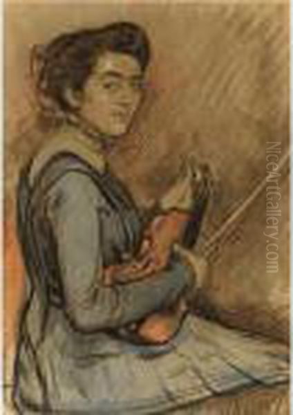 Renee Druet Au Violon Oil Painting by Theo van Rysselberghe