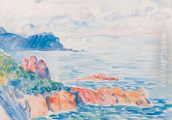 A Mediterranean Coastal Landscape Oil Painting by Theo van Rysselberghe