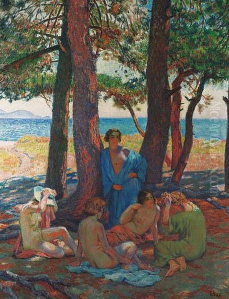 Les Baigneuses Sous Les Pins Au Bord De La Mer Oil Painting by Theo van Rysselberghe