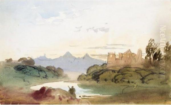 A Shepherd By A River At Dusk With A Castle And Mountains Beyond Oil Painting by John Varley