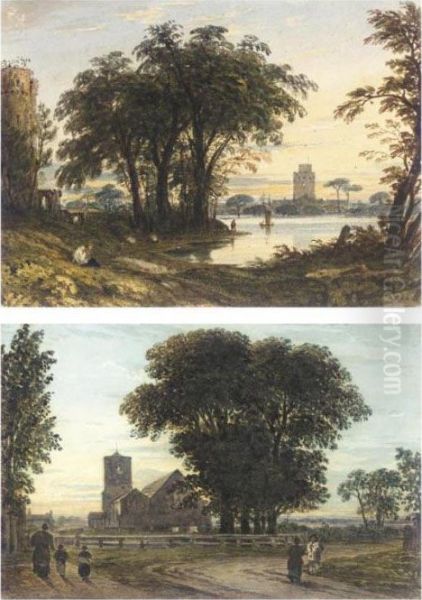 Willesden Church Near Harrow; Figures By A River Oil Painting by John Varley