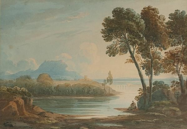 A Figure By A Lake At Dusk Oil Painting by John Varley