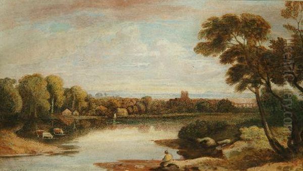 River Landscape With Distant Viaduct Oil Painting by John Varley