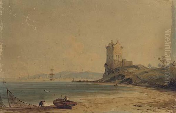 Figures Mending The Nets On The Foreshore Before A Ruinedtower Oil Painting by John Varley