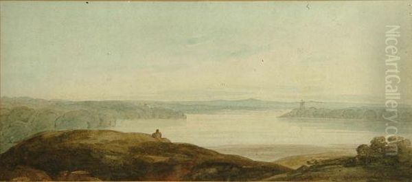 Open Landscape With Lake And Distant Tower Oil Painting by John Varley