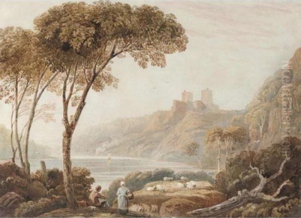 Figures With Sheep By A Lake, A Castle On A Hill Beyond Oil Painting by John Varley