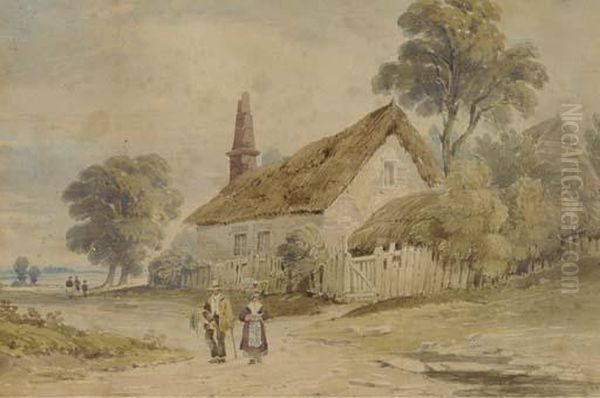 Figures Walking Along A Village Lane Oil Painting by John Varley