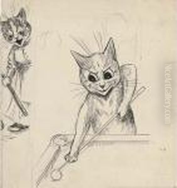 The Snooker Player (illustrated); A Saucy Wink; And Chased By Themonster Cat Oil Painting by Louis William Wain