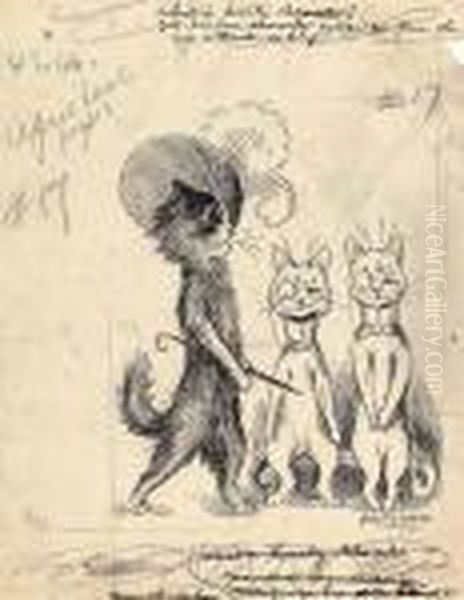 A Lady Cat Walking Past Two Monocled Gentleman Cats Oil Painting by Louis William Wain