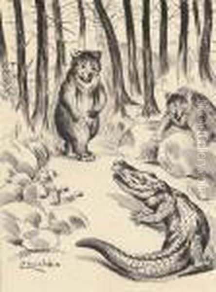 A Meeting Between Two Bears And An Alligator Oil Painting by Louis William Wain