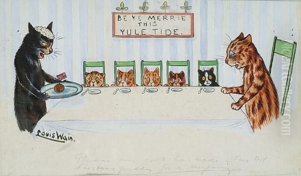 Please Mum, Cook Has Made A Fine Art Chritsmas Pudding For A Surprise Oil Painting by Louis William Wain