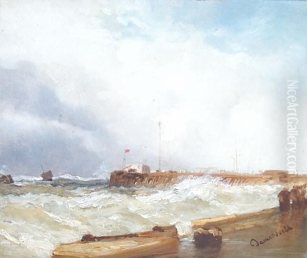 Entering Harbour In A Stormy Sea Oil Painting by James Webb