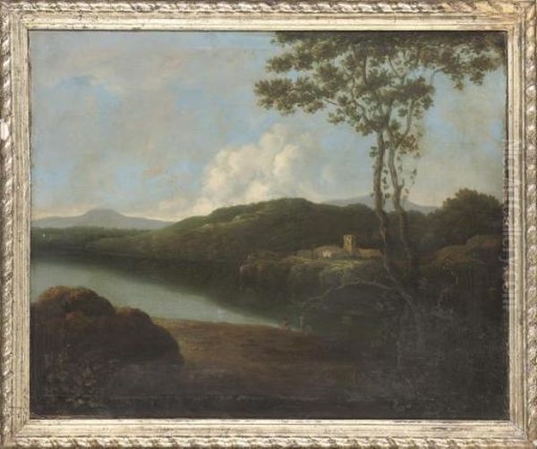 Figures In A Lakeland Scene With A Castle In The Distance Oil Painting by Richard Wilson