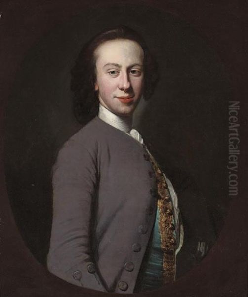 Portrait Of A Gentleman, 
Half-length, In A Grey Coat And Blue Waistcoat With Gold Frogging, In A 
Feigned Oval Oil Painting by Richard Wilson