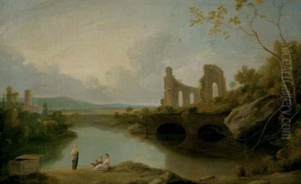 Morning: River, Seacoast And Circular Ruin Oil Painting by Richard Wilson